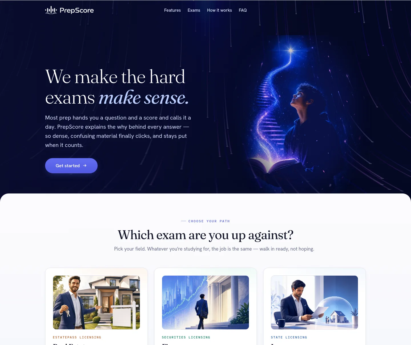 prepscore.ai — Hero + Features + FAQ