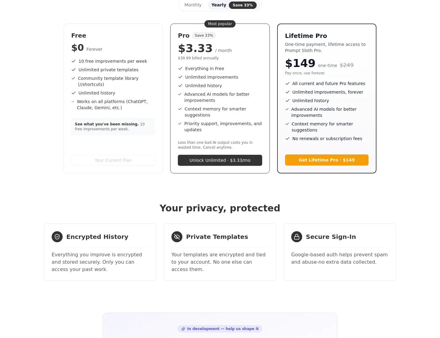 promptsloth.com Pricing section
