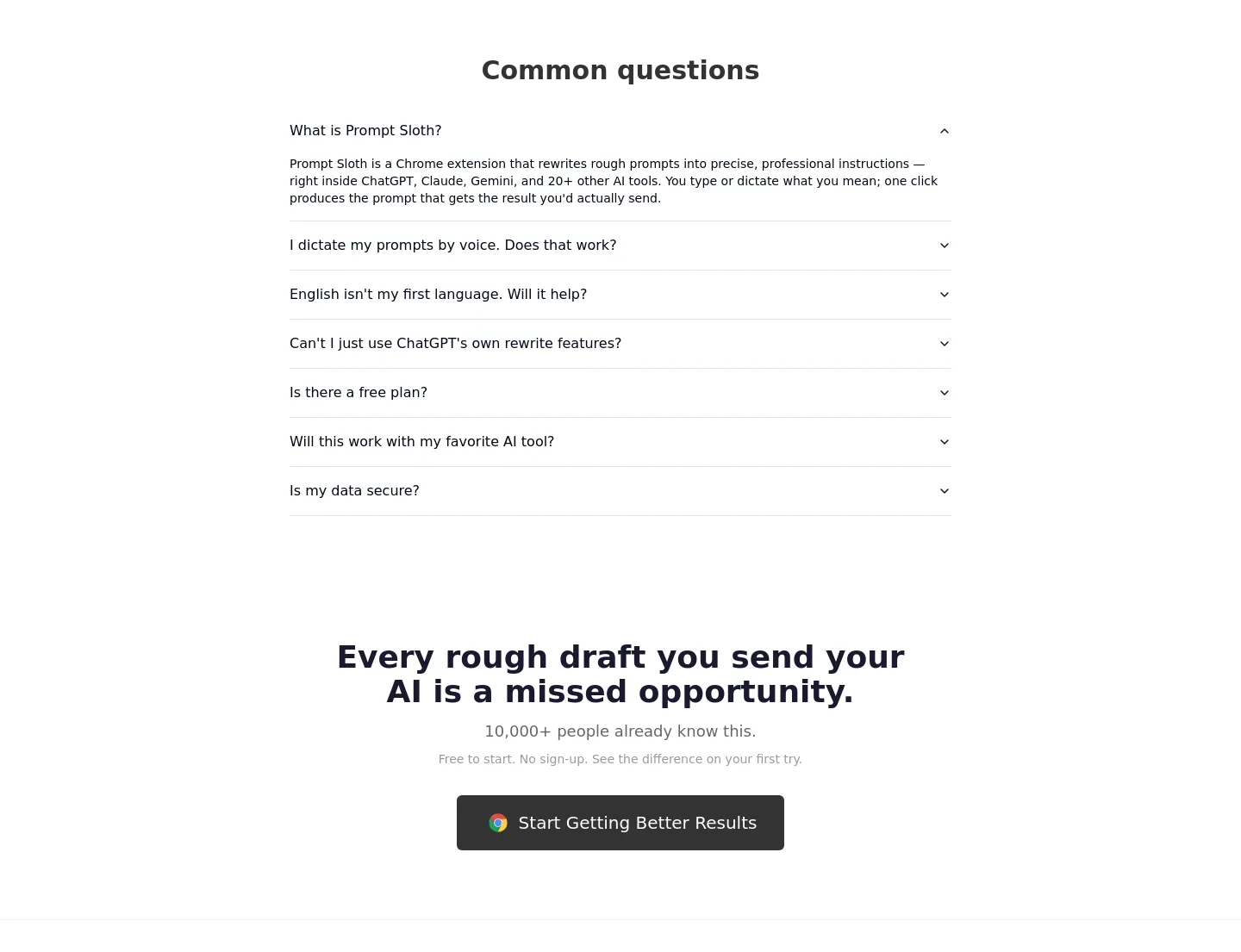 promptsloth.com FAQ section