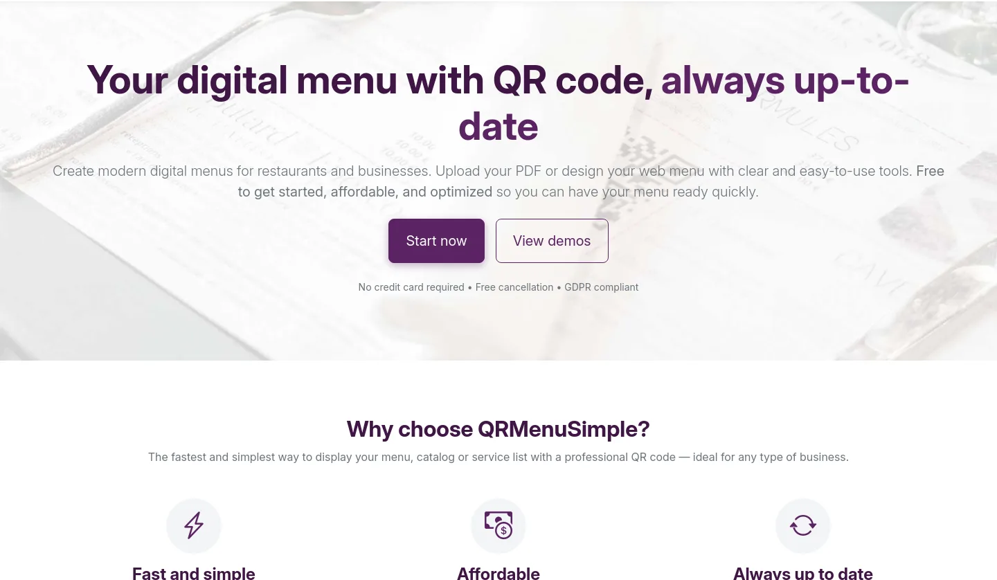 qrmenusimple.com — a real Hero section