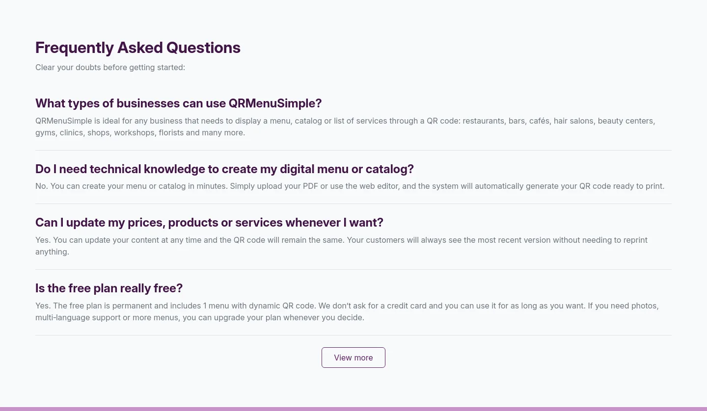 qrmenusimple.com — FAQ