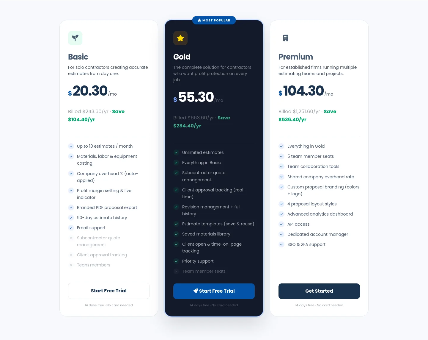 quickestimate.io Pricing section