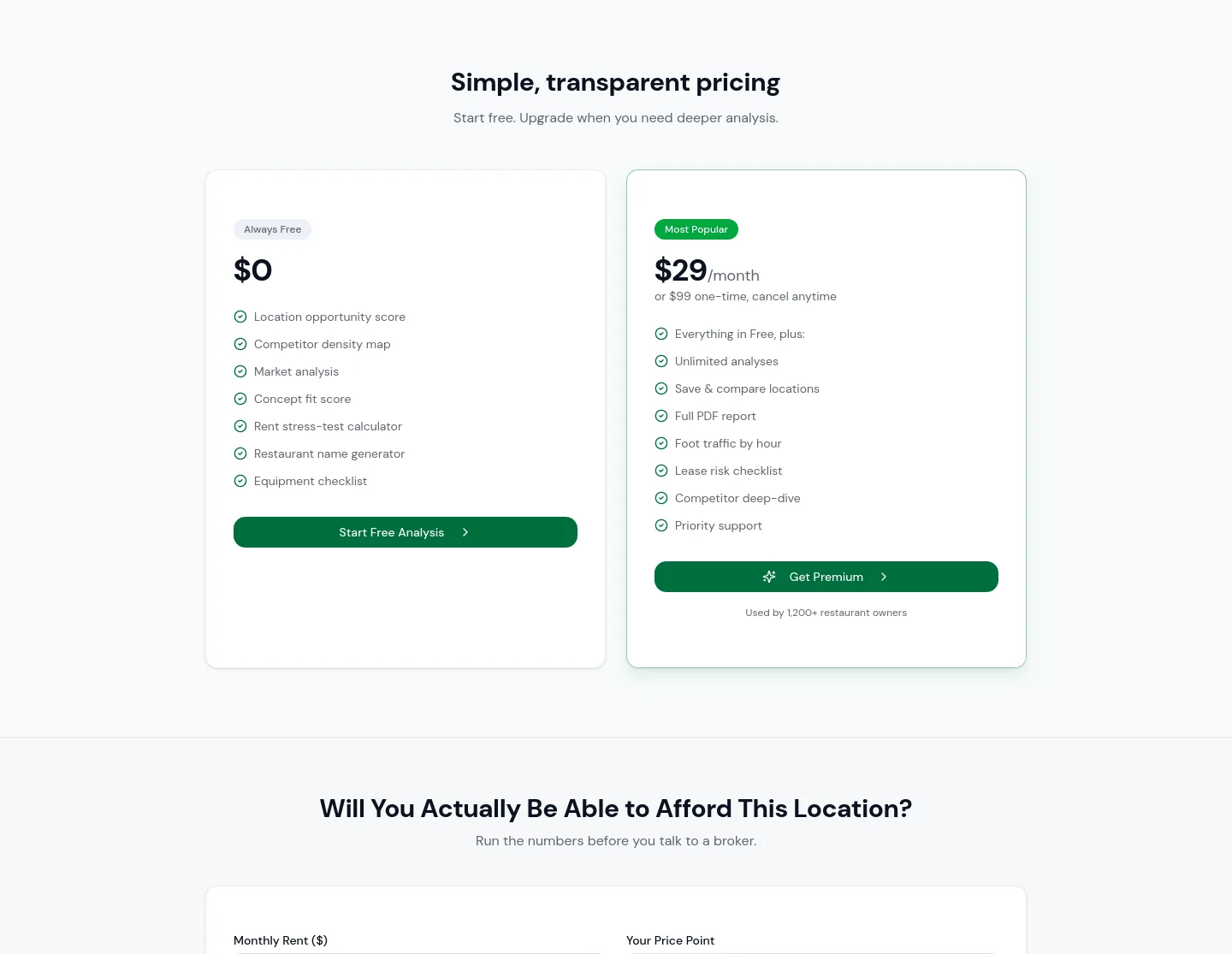 restaurantsitefinder.com — Pricing