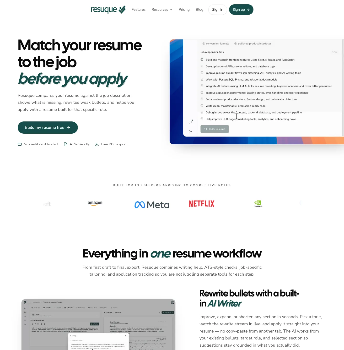 resuque.com — Hero + Logo Wall + Pricing + FAQ