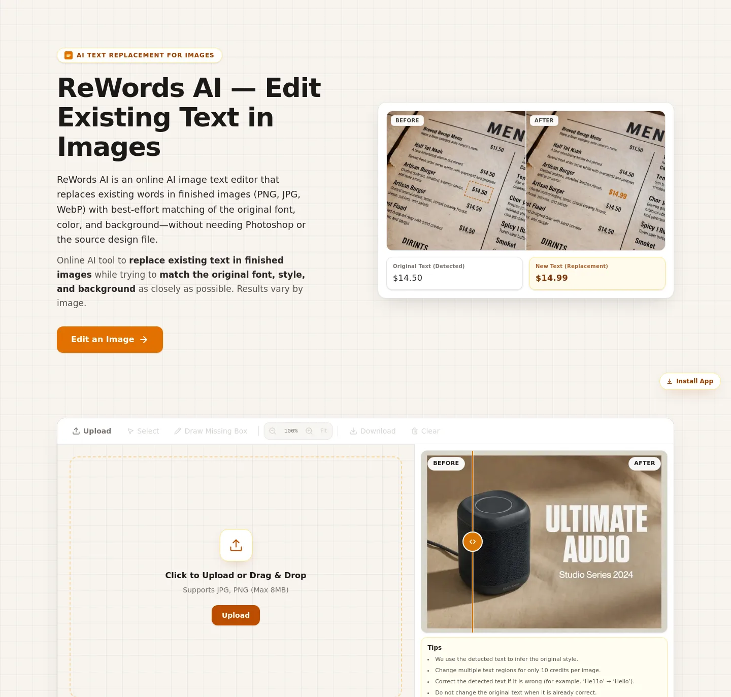 rewordsai.app — a real Hero section
