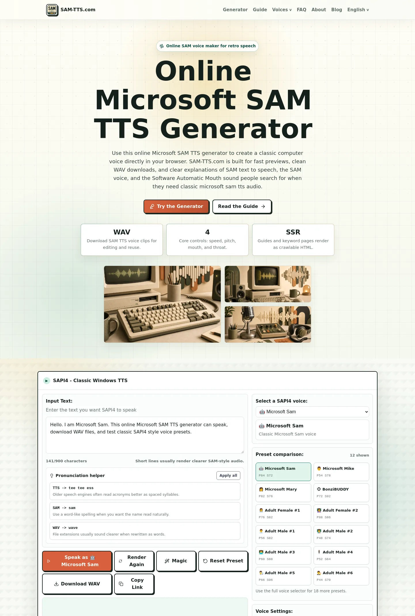 sam-tts.com — Hero + Comparison + FAQ