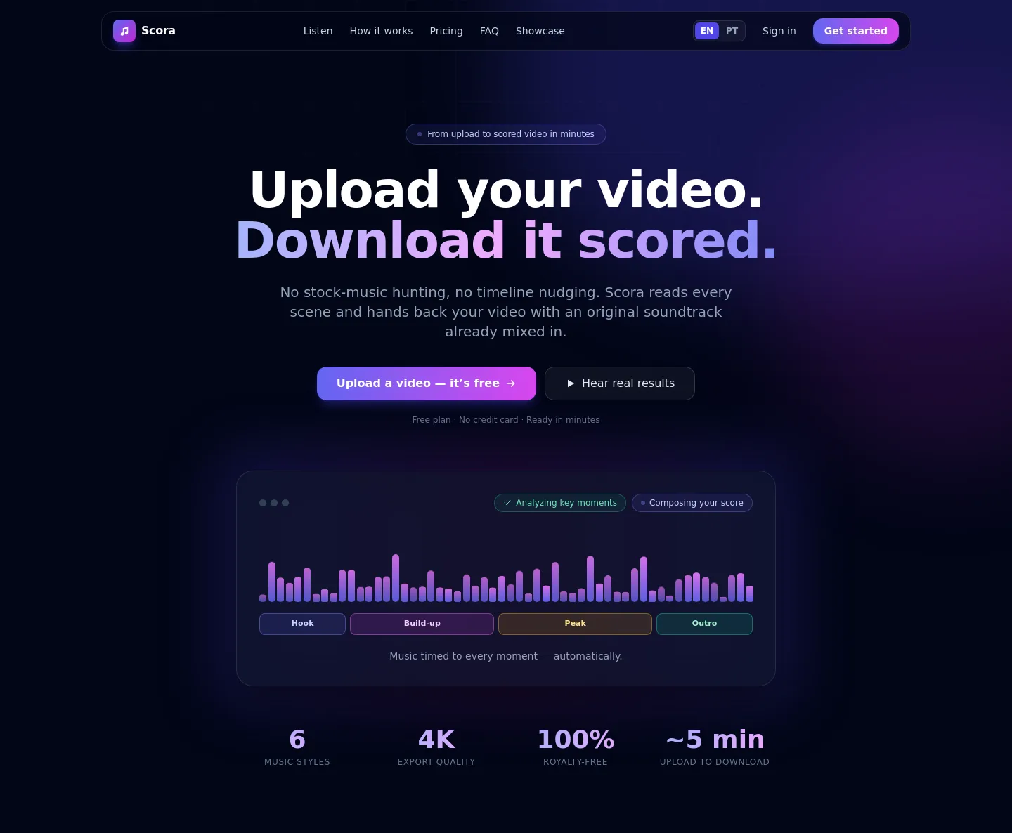 scora.fm — a real Hero section