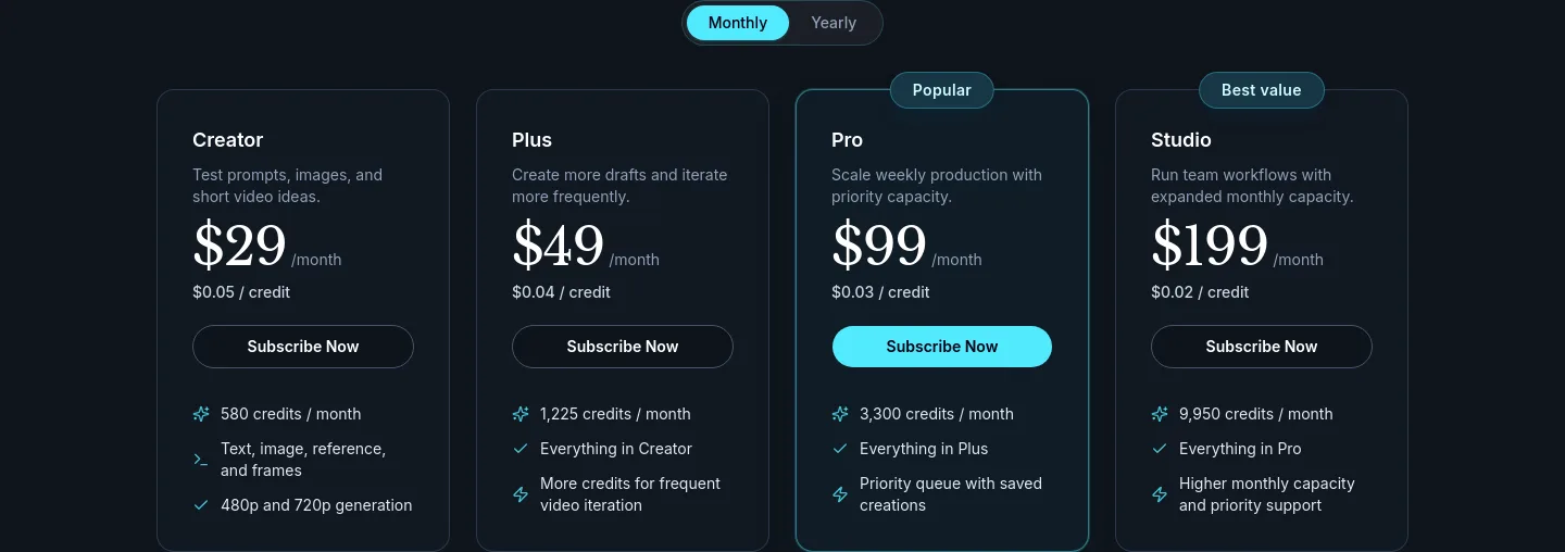 seedance25app.com — Pricing