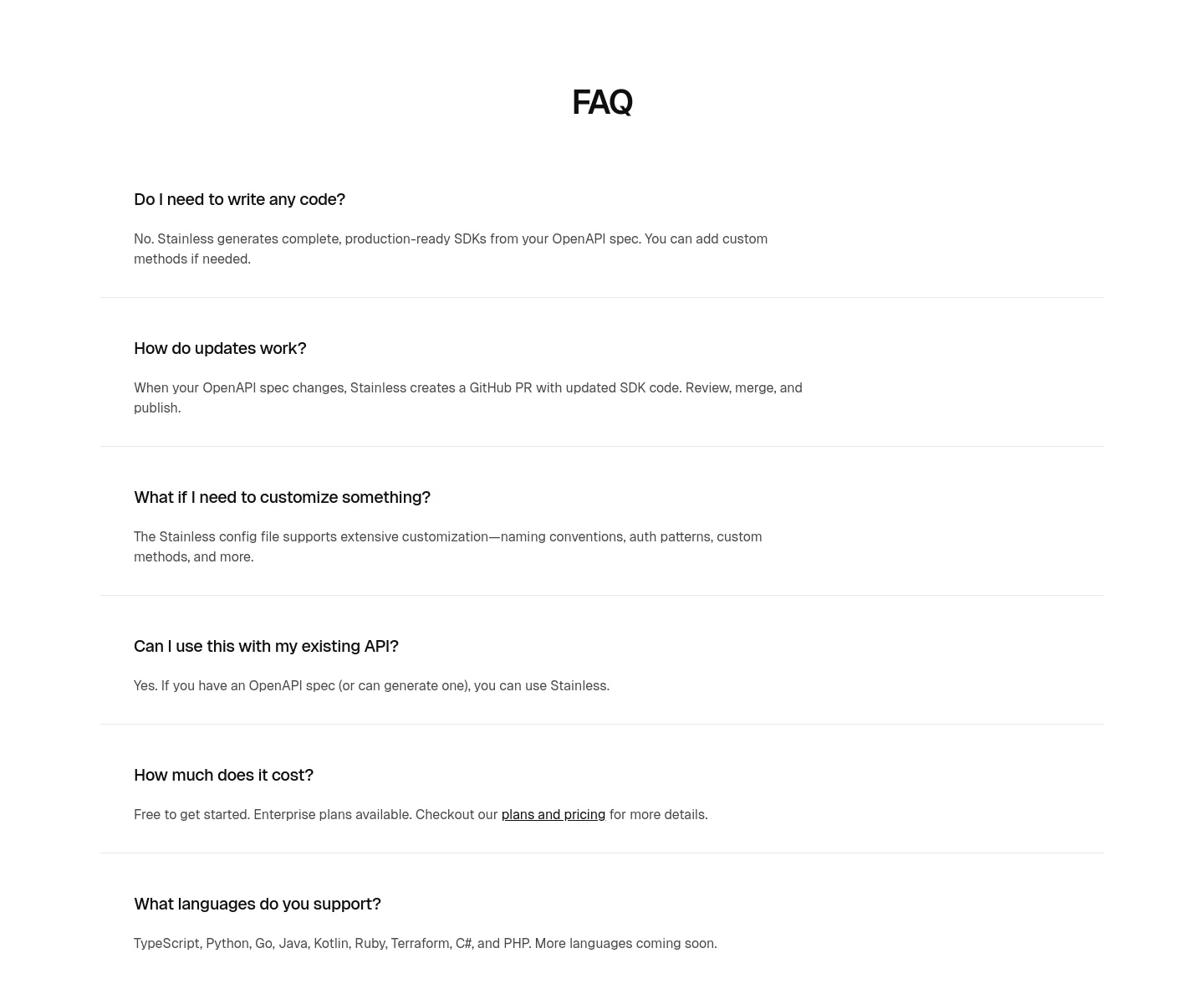 stainless.com — FAQ