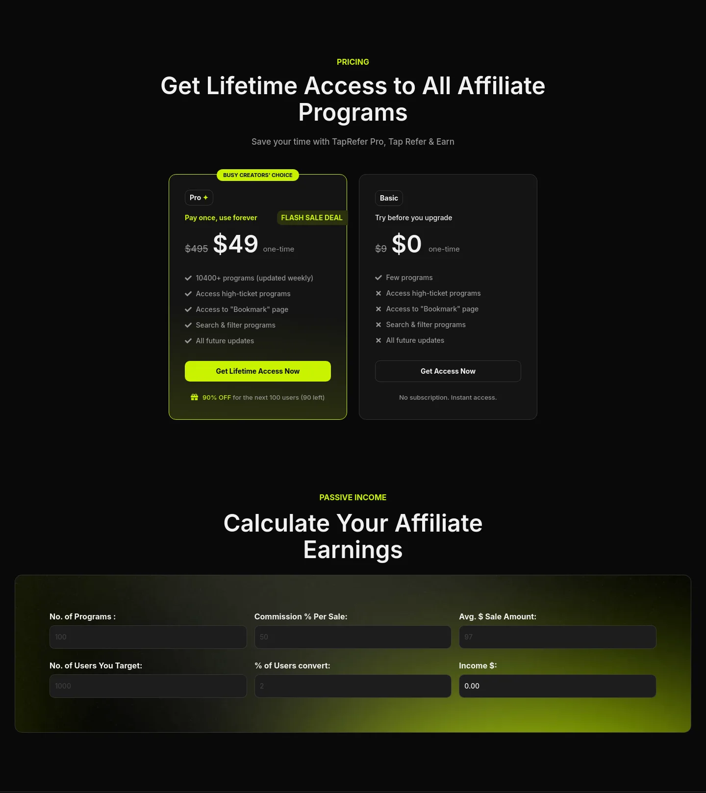 taprefer.com Pricing section