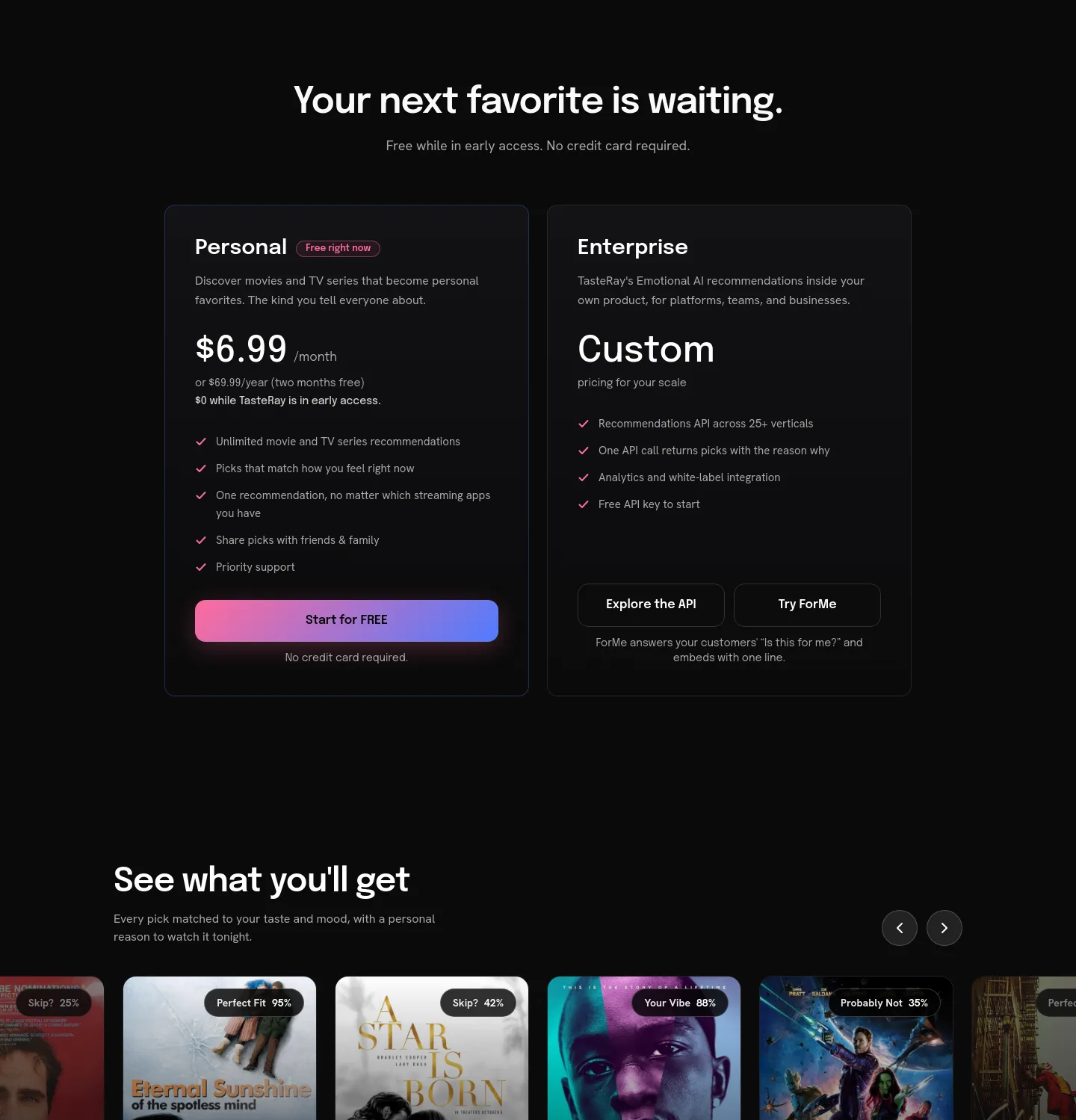 tasteray.com Pricing section
