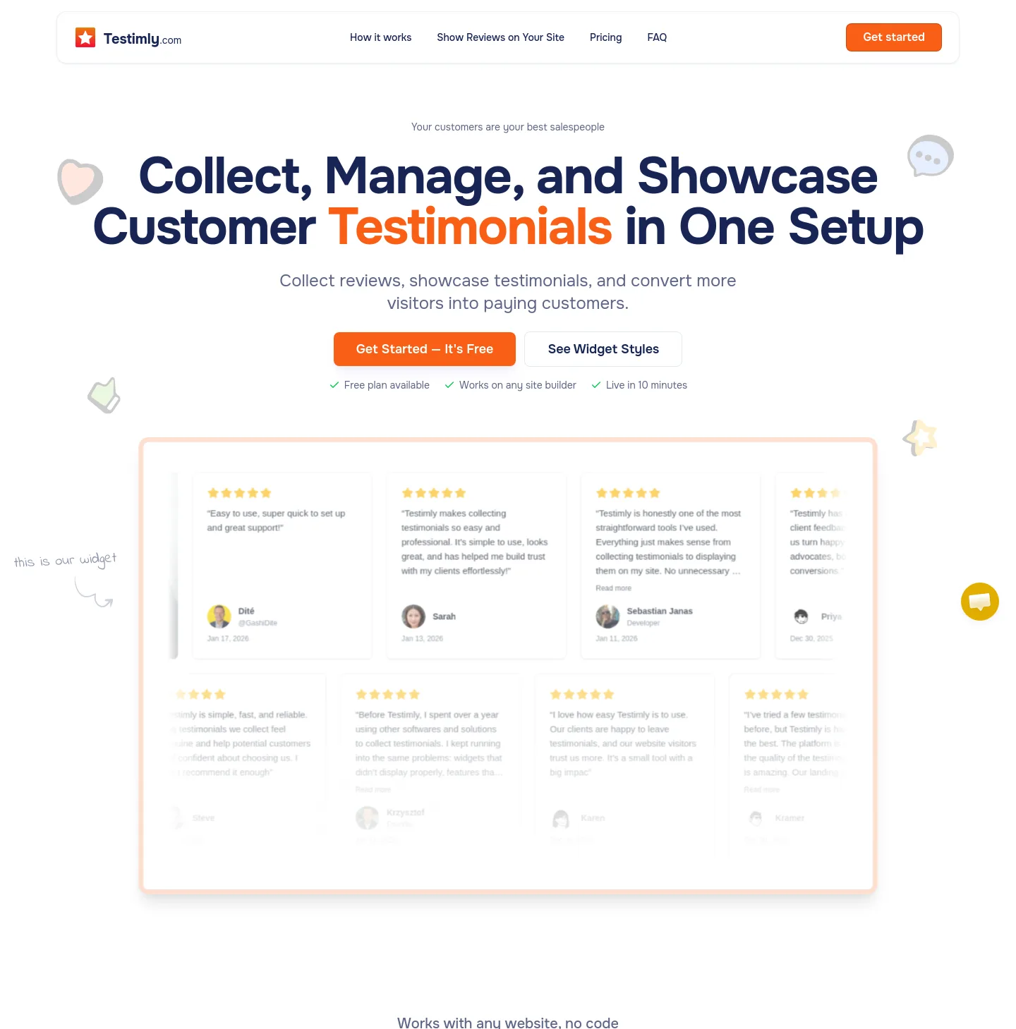 testimly.com — Hero + Logo Wall + Pricing + FAQ