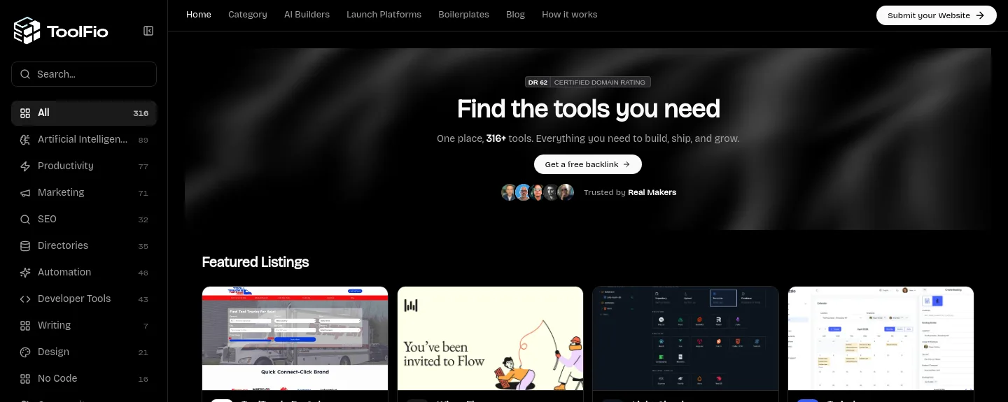 toolfio.com — Hero + Features