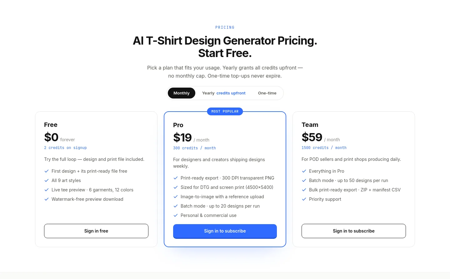 tshirtdesignai.com — Pricing