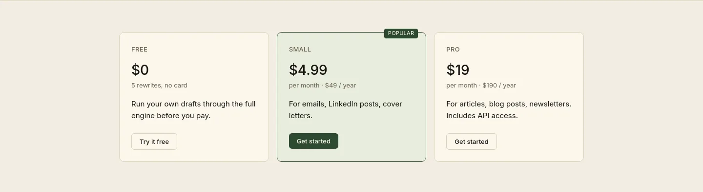 unslopai.com Pricing section