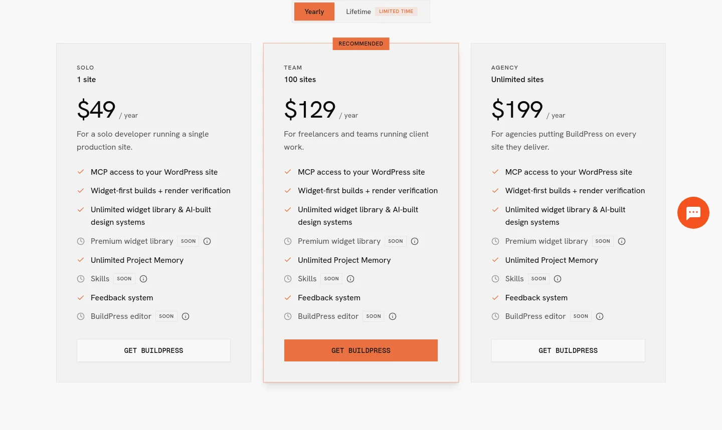 usebuildpress.com Pricing section