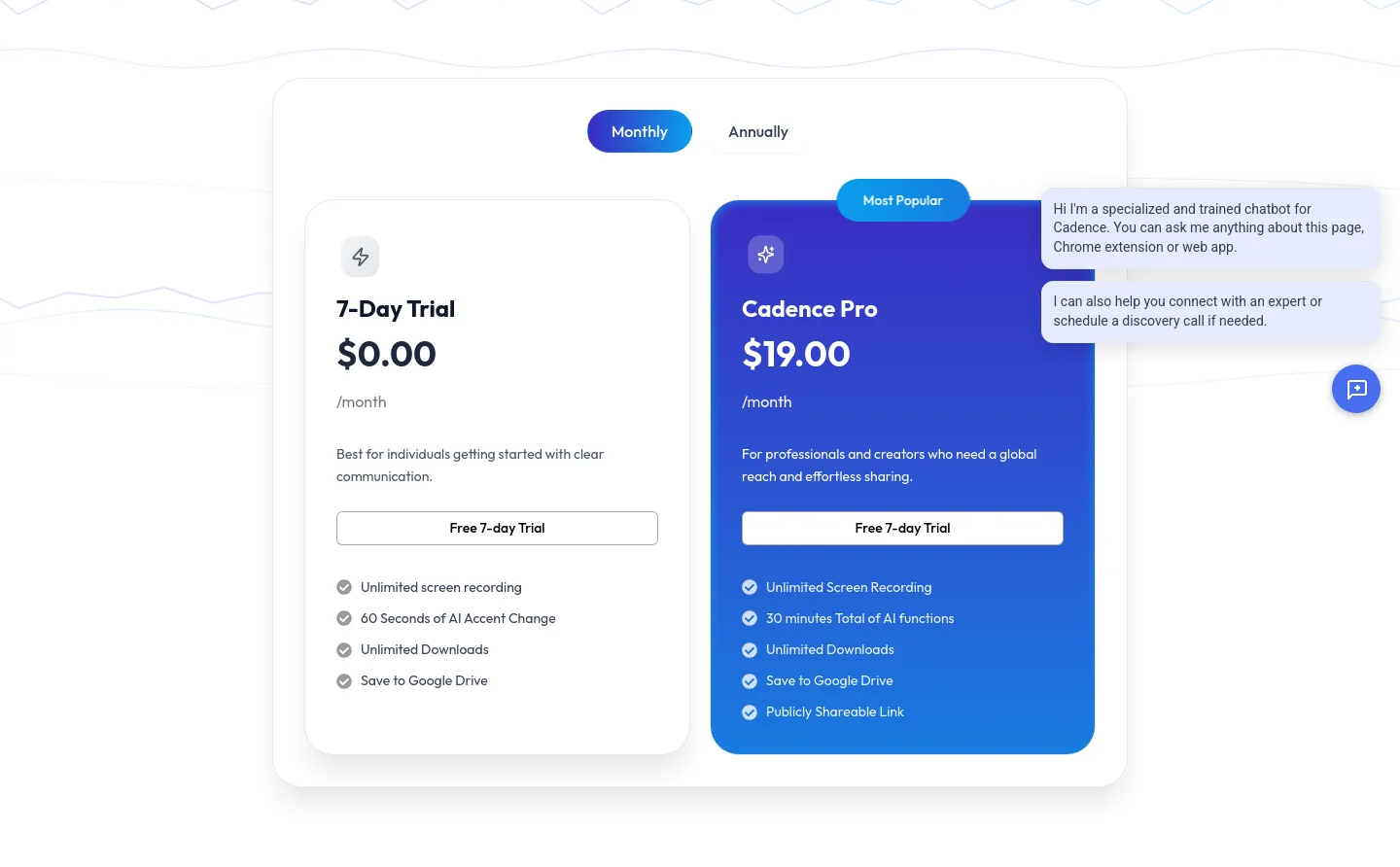 usecadence.co Pricing section