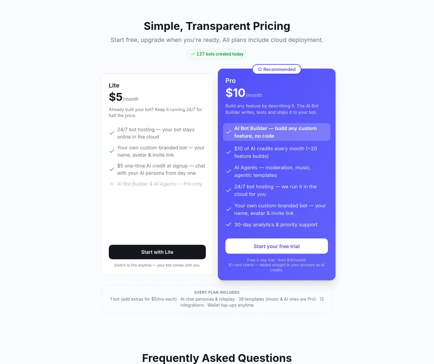 vibebot.gg Pricing section