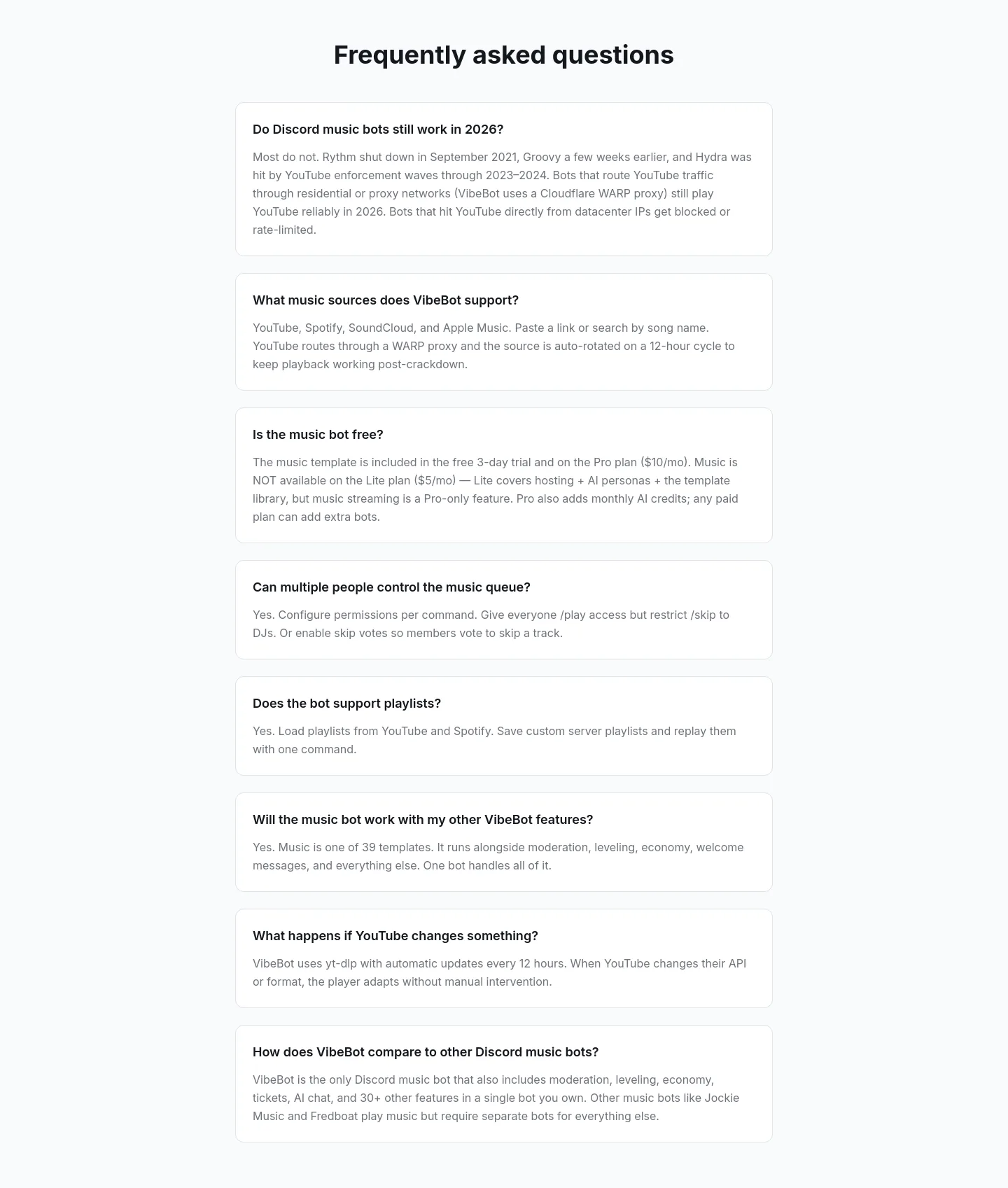 vibebot.gg FAQ section