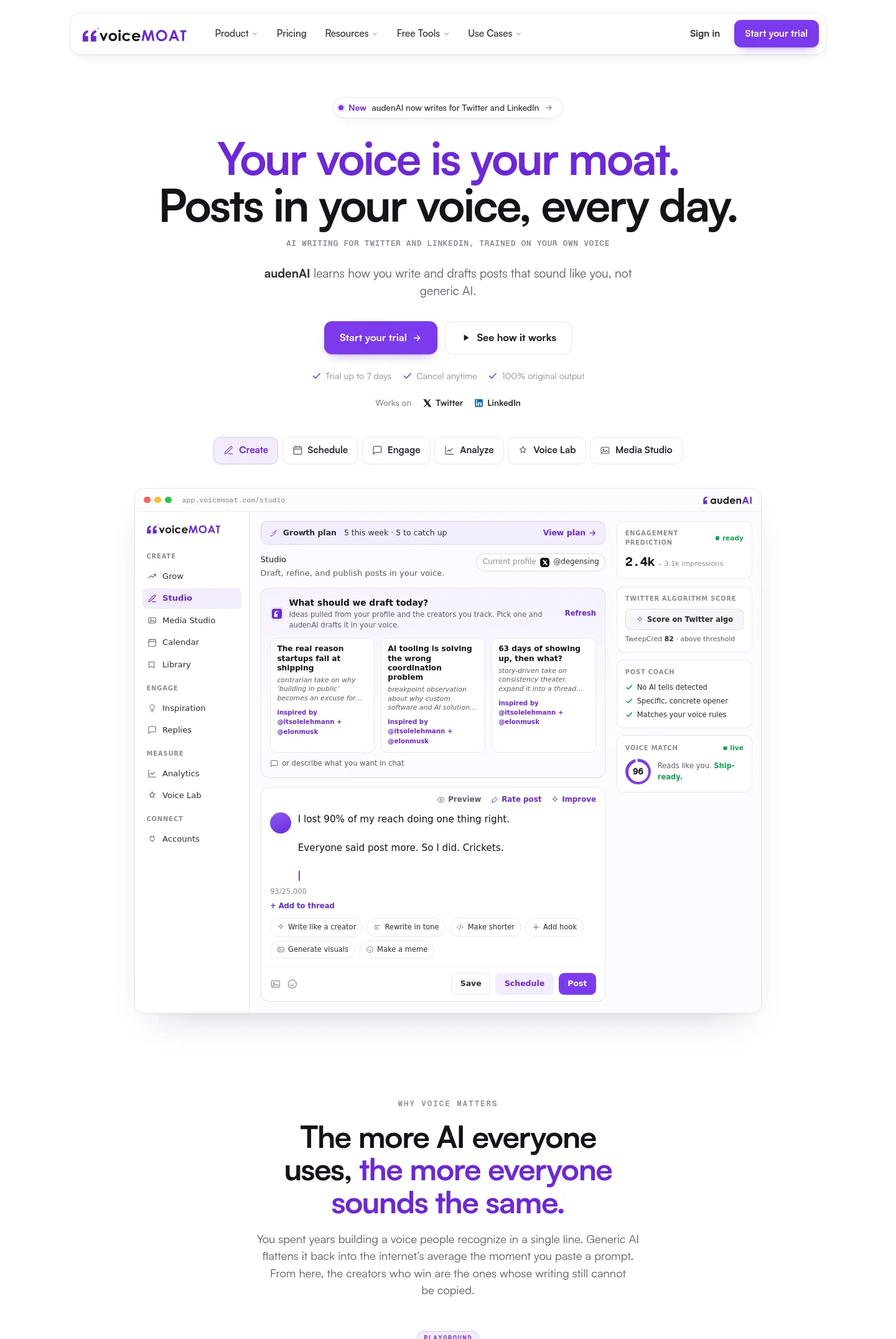 voicemoat.com — Hero + Pricing