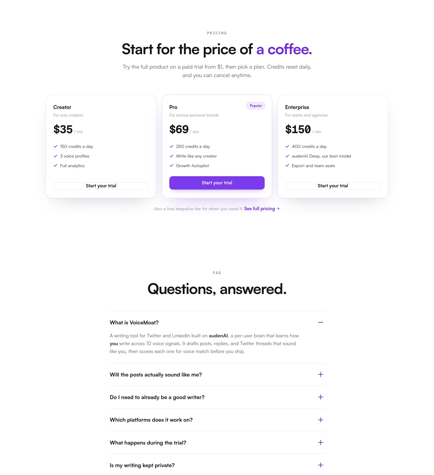 voicemoat.com Pricing section
