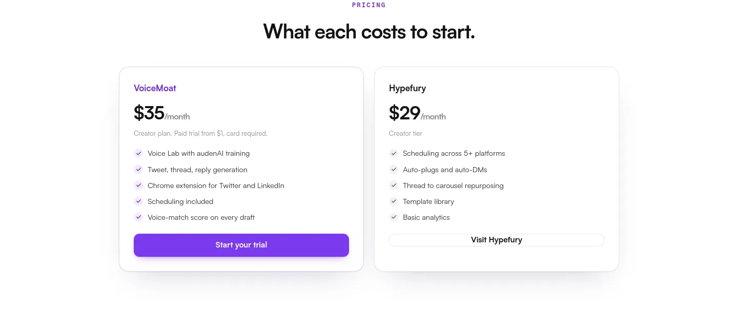 voicemoat.com Pricing section