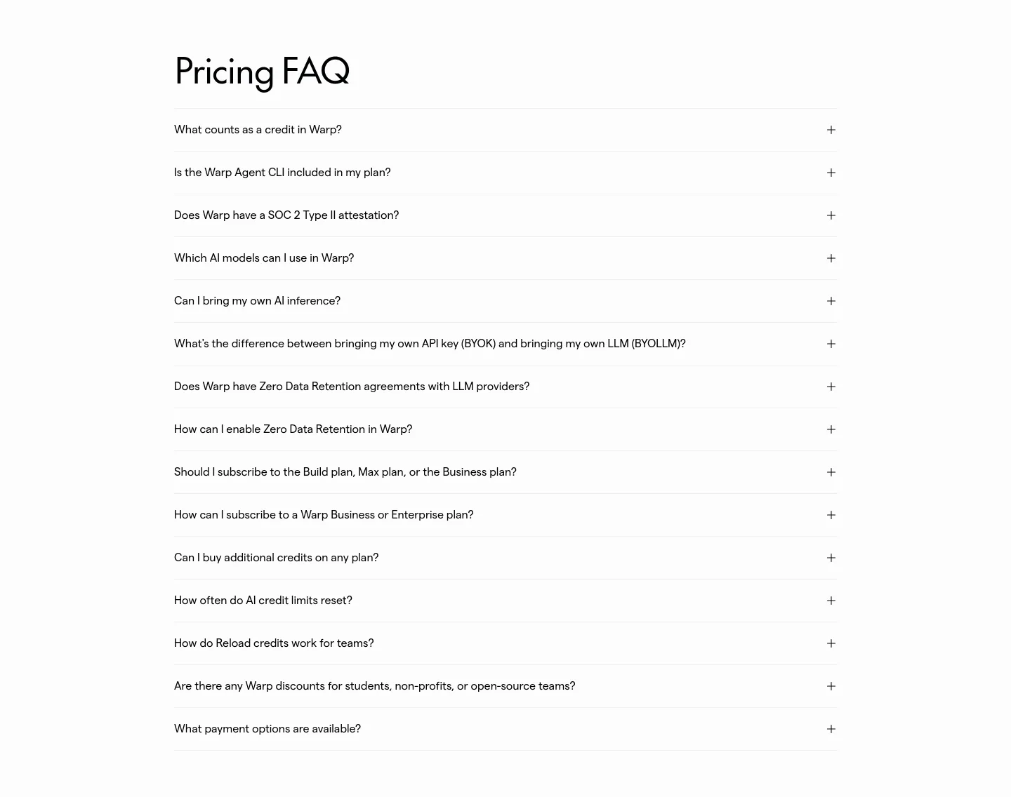 warp.dev FAQ section