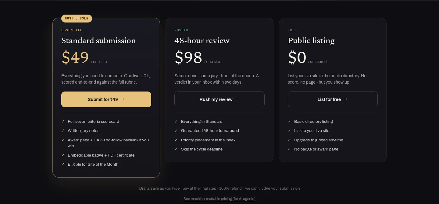 webdesignawards.io — Pricing